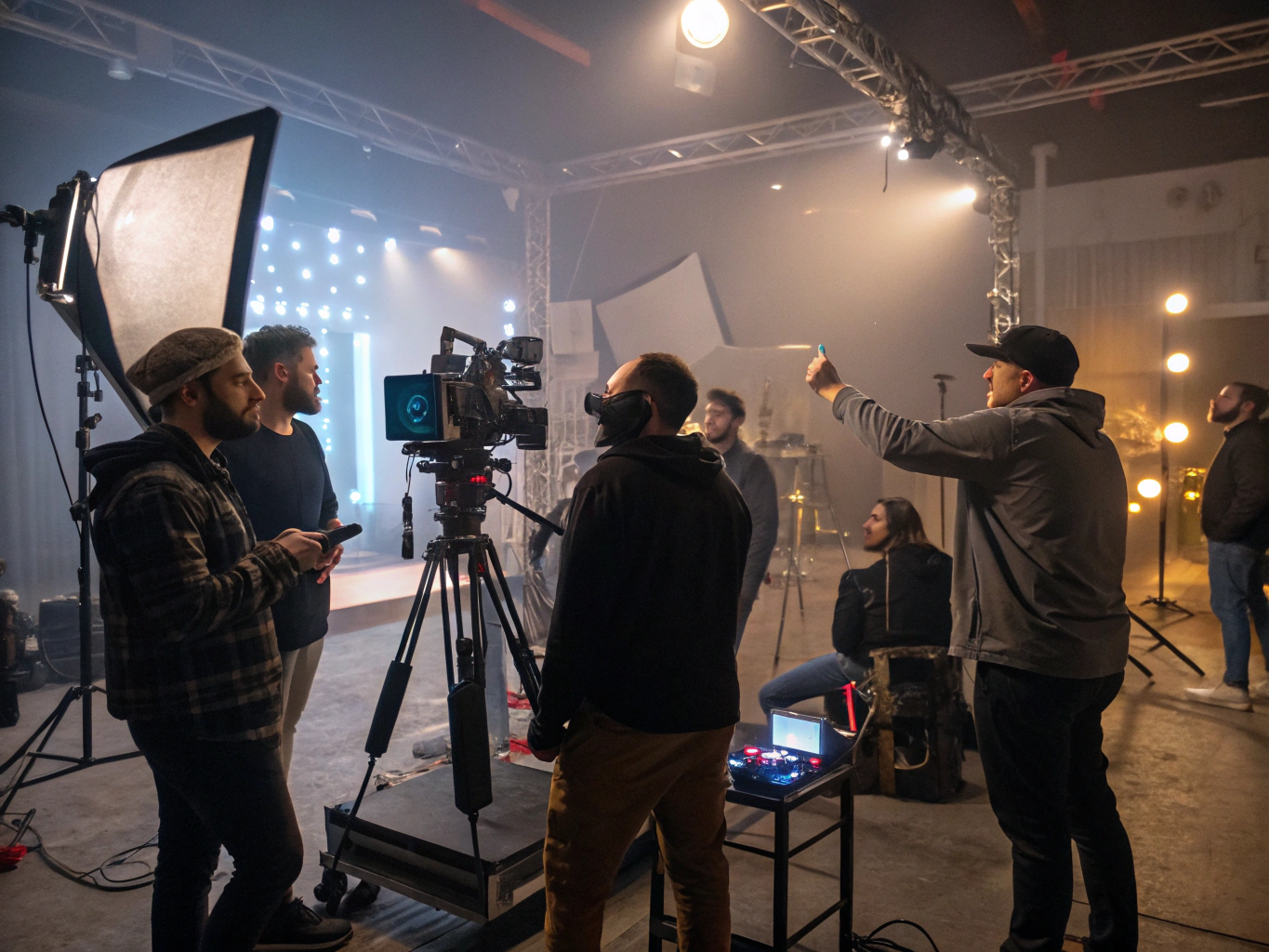 Équipe créative en coulisses de tournage studio